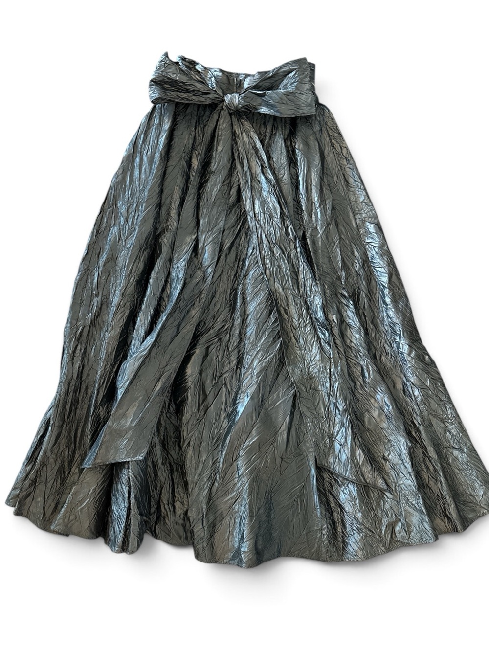 Vintage Hampton Nites Metallic Silver Crinkle Maxi Skirt with Waist Tie